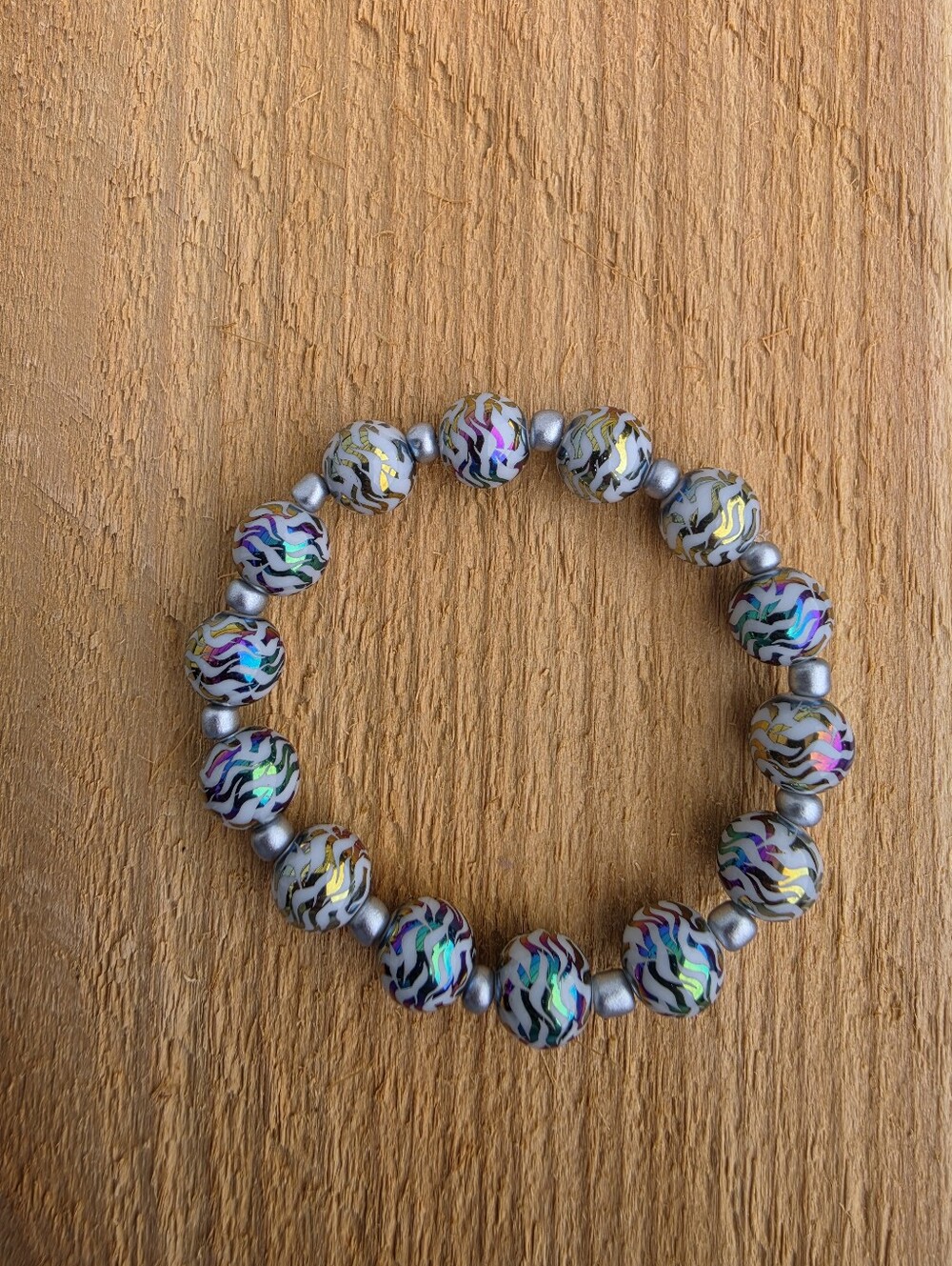 Iridescent Zebra Stripe Glass Bead Beaded Stretch Bracelet Silver Accent Spacer